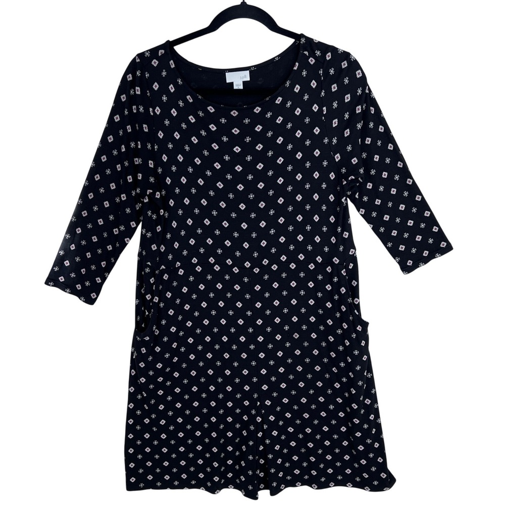J. Jill Petite Black Geometric‎ Print 3/4 Sleeve Shift Dress w Pockets Size M